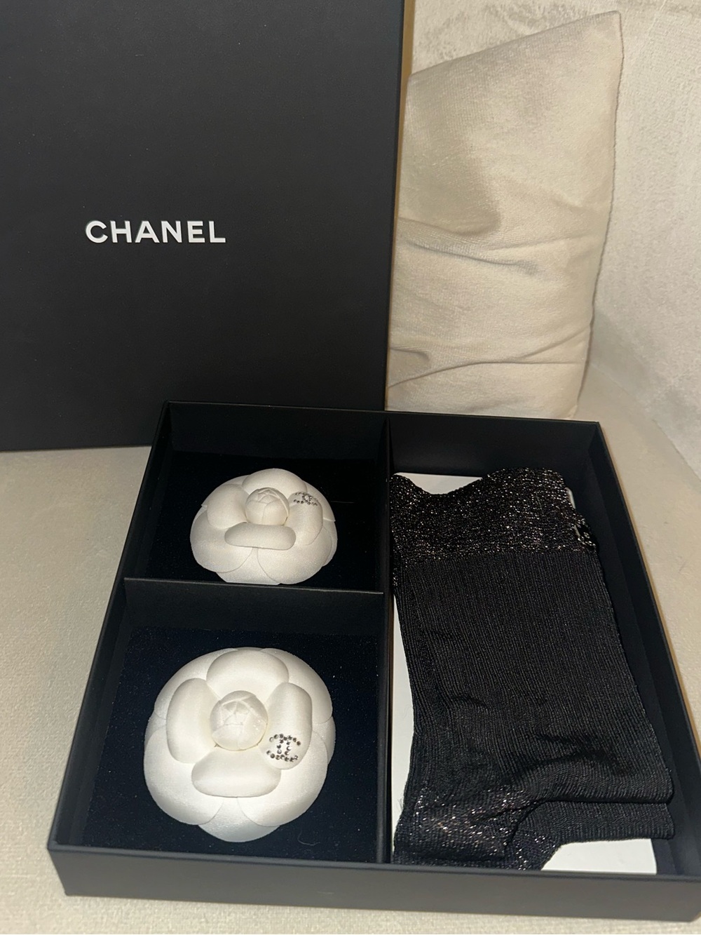 CHANEL Black Knit socks with White Camellia Accents